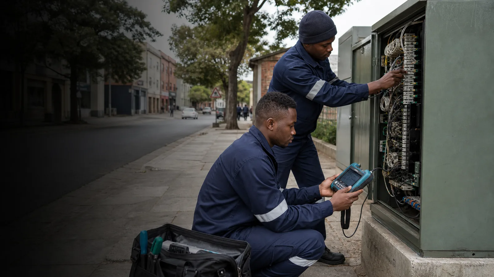 Two technicians working on a street cabinet, one testing with a handheld meter.